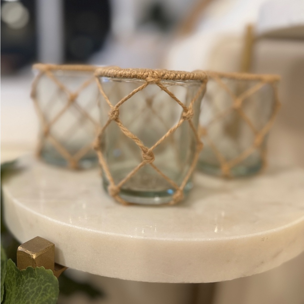 Set or 4 - Rustic Glass Candle Holders with Jute Netting - Picture 2 of 4